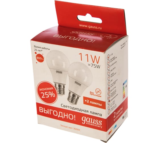 Лампа Gauss LED Elementary A60 11W E27 2700K 1/50 2 шт SQ 23211P