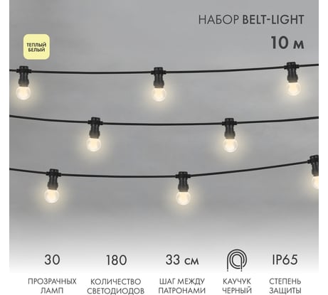 Гирлянда Neon-Night Белт-лайт, черный каучук, 30 ламп, цвет Теплый белый, IP65, 10 м 331-326