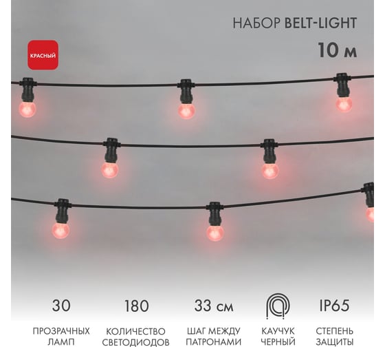Набор Neon-Night Белт-Лайт 10м, черный каучук, 30 ламп х 6 LED, красный, IP65 331-322 1