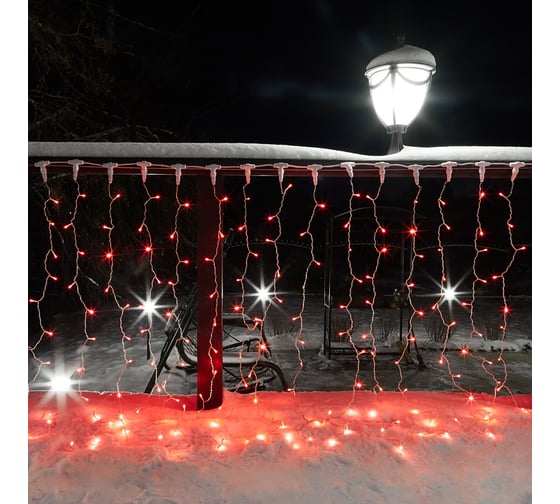 Гирлянда Neon-Night дождь, занавес, 2х1.5м, прозрачный ПВХ, 192 LED красные, 12 LED/нить, 16 нитей 235-302-6