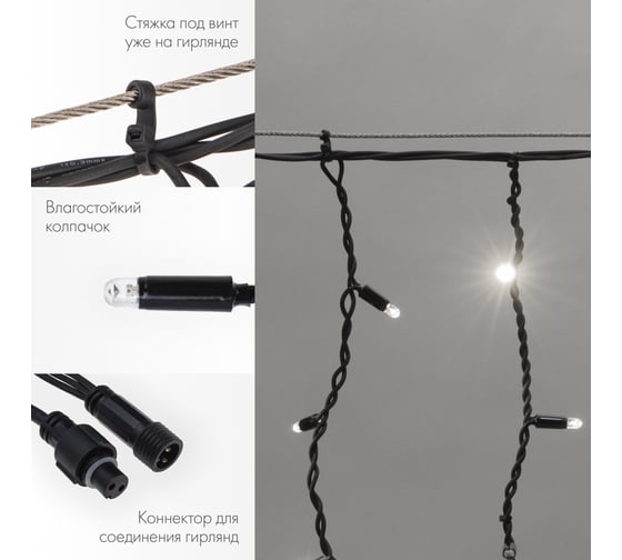 Гирлянда Neon-Night Айсикл (бахрома) 4,0x0,6 м, черный каучук, IP65, 128 LED Белые, 230В 255-225
