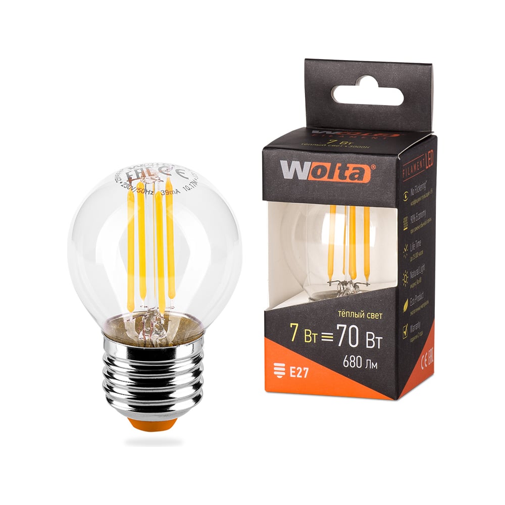 Лампа LED Wolta FILAMENT 7Вт, 3000K Теплый свет, цоколь Е2 ...