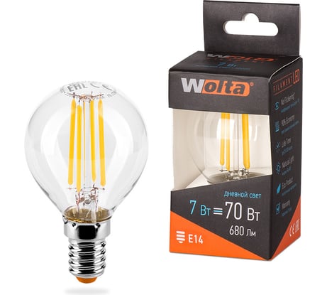 Лампа LED Wolta FILAMENT, 4000К, 25S45GLFT7E14