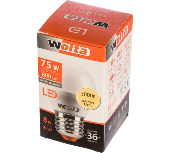 Лампа LED Wolta 3000K, 25Y45GL8E27
