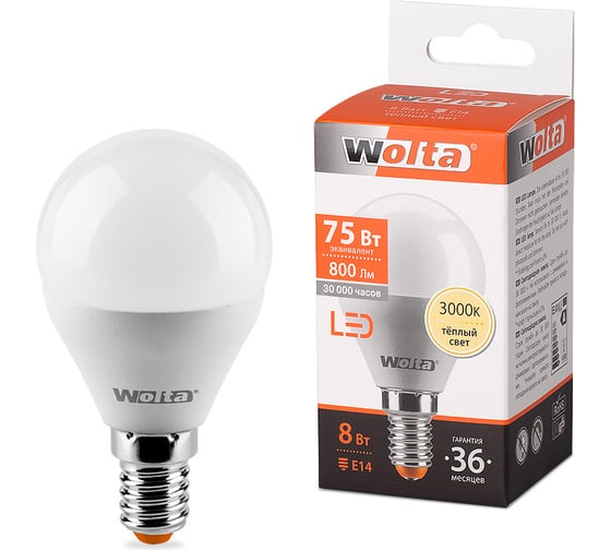 Лампа LED Wolta шар А60 3000К 25Y45GL8E14