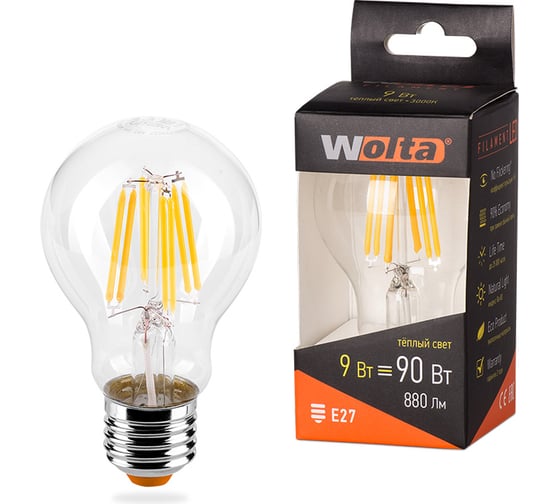 Светодиодная лампа Wolta LED 9Вт, 3000K Теплый свет, цоколь Е27 25Y60BLFT9E27 1