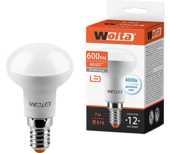 Светодиодная LED лампа Wolta 7Вт, 4000K Дневной свет, цоколь E14, 600 лм 25S50R7E14