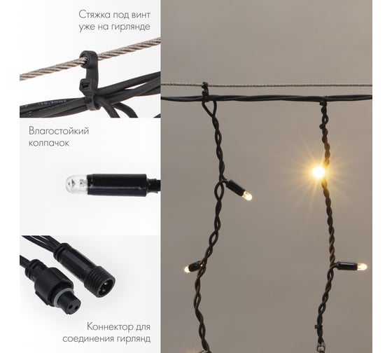 Гирлянда Neon-Night Айсикл (бахрома) 4,0x0,6 м, черный каучук, IP67, 128 LED Теплый белый 255-226