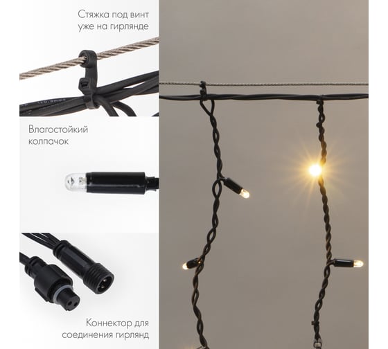 Гирлянда Neon-Night айсикл (бахрома) 5.6 х 0.9 м, черный каучук IP65, 240 LED тепло-белые 255-246
