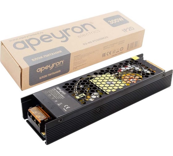 Блок питания Apeyron слим 12В, 300Вт, IP20, 25А, черный, 215х61.7х30.8мм 03-40