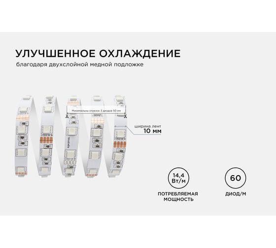 Светодиодная лента Apeyron 12В, СТ, 14,4Вт/м, smd5050, 60д/м, IP20, подложка 10мм, 5м, RGB 00-17