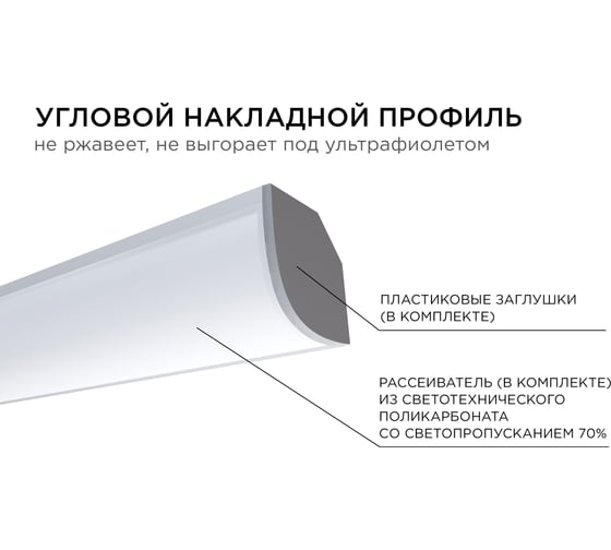 Алюминиевый угловой профиль Apeyron накладной для светодной ленты, широкий рассеиватель 1 м СПУ1616-А 08-08