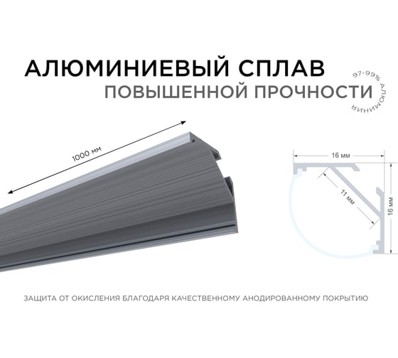 Алюминиевый угловой профиль Apeyron накладной для светодной ленты, широкий рассеиватель 1 м СПУ1616-А 08-08