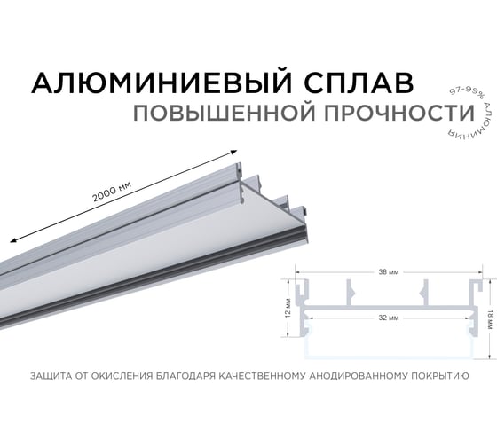 Профиль накладной/врезной Apeyron 37х20мм для светодиодной ленты, 2м. СПС1235-А 08-16