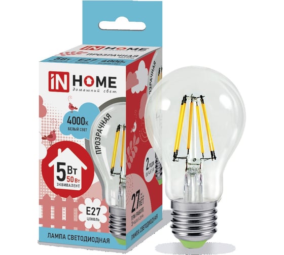 Светодиодная лампа IN HOME LED-A60-deco 5Вт 230В Е27 4000К 450Лм прозрачная 4690612008035