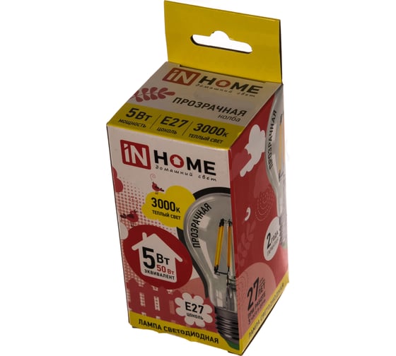 Светодиодная лампа IN HOME LED-A60-deco 5Вт 230В Е27 3000К 450Лм прозрачная 4690612008028