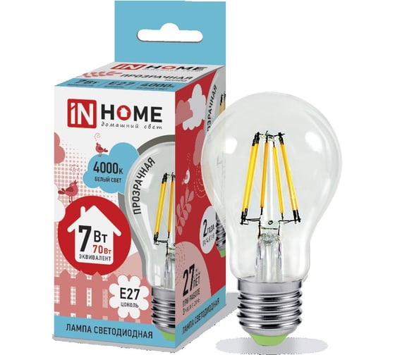 Светодиодная лампа IN HOME LED-A60-deco 7Вт 230В Е27 4000К 630Лм прозрачная 4690612008059