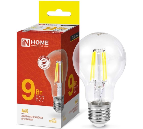 Светодиодная лампа IN HOME LED-A60-deco 9Вт 230В Е27 3000К 1040Лм прозрачная 4690612008066 1