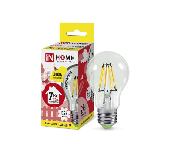 Светодиодная лампа IN HOME LED-A60-deco 7Вт 230В Е27 3000К 630Лм прозрачная 4690612008042 1