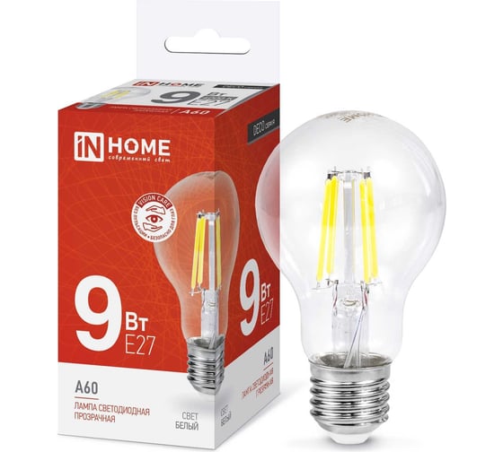 Светодиодная лампа IN HOME LED-A60-deco 9Вт 230В Е27 4000К 1040Лм прозрачная 4690612008073 1