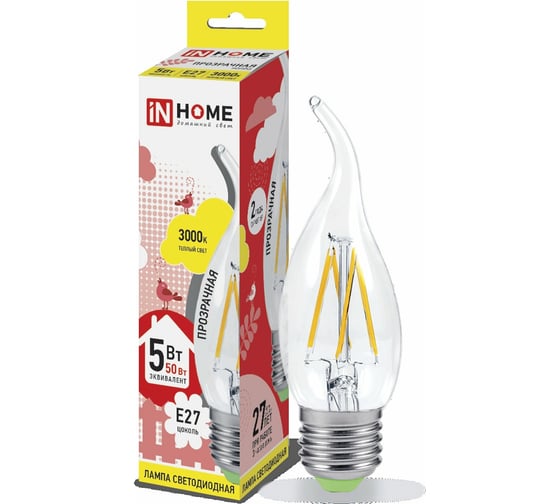 Светодиодная лампа IN HOME LED-СВЕЧА НА ВЕТРУ-deco 5Вт 230В Е27 3000К 450Лм прозрачная 4690612007649