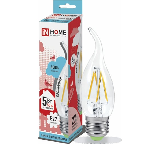 Светодиодная лампа IN HOME LED-СВЕЧА НА ВЕТРУ-deco 5Вт 230В Е27 4000К 450Лм прозрачная 4690612007656