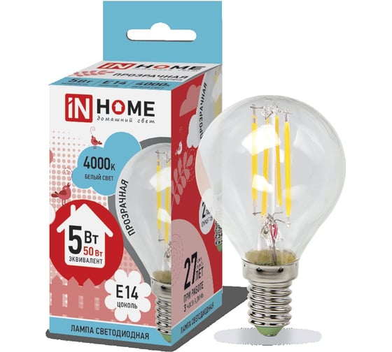 Светодиодная лампа IN HOME LED-ШАР-deco 5Вт 230В Е14 4000К 450Лм прозрачная 4690612007694