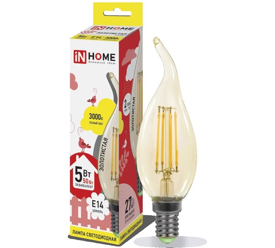 Светодиодная лампа IN HOME LED-СВЕЧА НА ВЕТРУ-deco 5Вт 230В Е14 3000К 450Лм золотистая 4690612007212