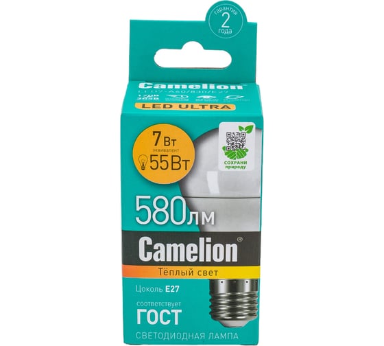 Светодиодная лампа Camelion LED7-A60/830/E27 7Вт 220В 11253