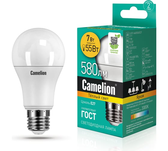 Светодиодная лампа Camelion LED7-A60/830/E27 7Вт 220В 11253 1