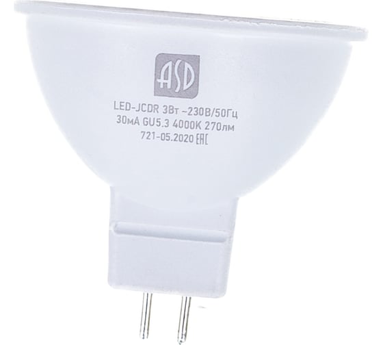 Светодиодная лампа ASD LED-JCDR-standard 3Вт 230В GU5.3 4000К 270Лм 4690612001418