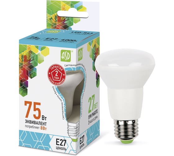 Светодиодная лампа ASD LED-R63-standard 8Вт 230В Е27 4000К 720Лм 4690612001593