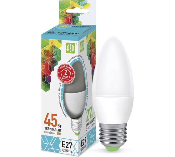 Светодиодная лампа ASD LED-СВЕЧА-standard 5Вт 230В Е27 4000К 450Лм 4690612003917