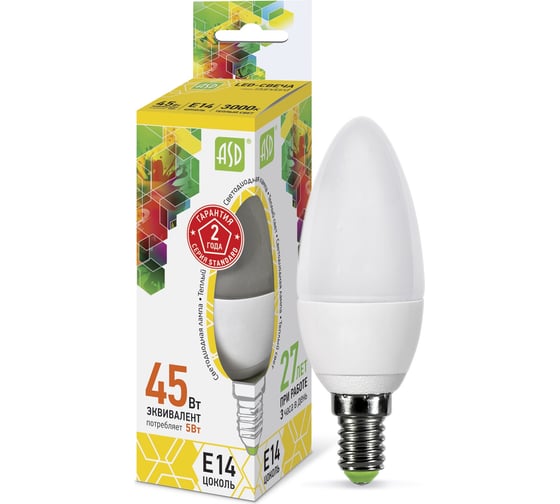 Светодиодная лампа ASD LED-СВЕЧА-standard 5Вт 230В Е14 3000К 450Лм 4690612002200