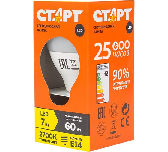 Светодиодная лампа СТАРТ eco ledsphere(шар) цоколь e14 7w теплый свет 11796