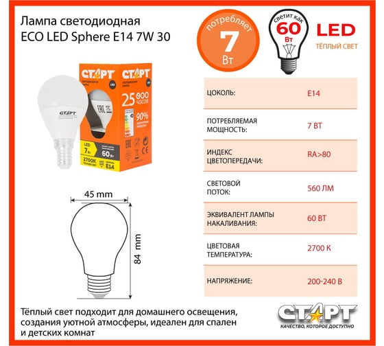 Светодиодная лампа СТАРТ eco ledsphere(шар) цоколь e14 7w теплый свет 11796