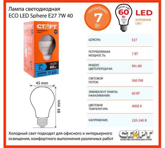 Светодиодная лампа СТАРТ eco ledsphere(шар) цоколь e27 7w холодный свет 11798