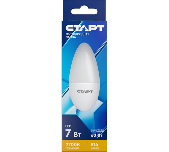 Светодиодная лампа СТАРТ eco ledcandel(свеча) цоколь e14 7w теплый свет 10666 1