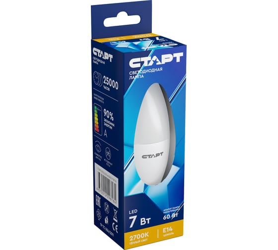 Светодиодная лампа СТАРТ eco ledcandel(свеча) цоколь e14 7w теплый свет 10666