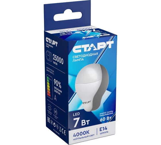 Светодиодная лампа СТАРТ eco ledsphere(шар) цоколь e14 7w холодный свет 11799