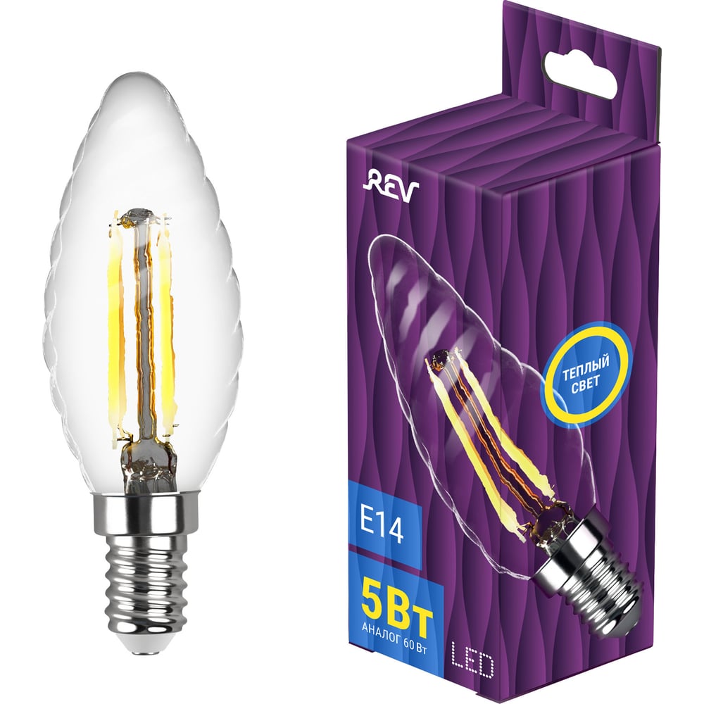 Светодиодная лампа REV FILAMENT свеча витая, TC37, E14, 5W, 2700K, DECO ...
