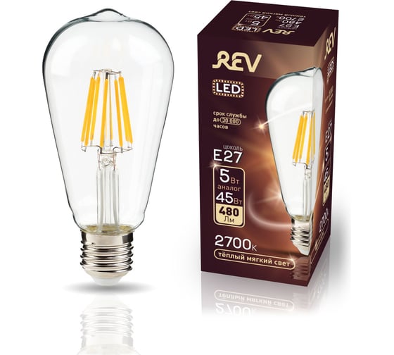 Светодиодная лампа REV VINTAGE Filament ST64, E27, 5W, 2700K, DECO Premium, 32460 7