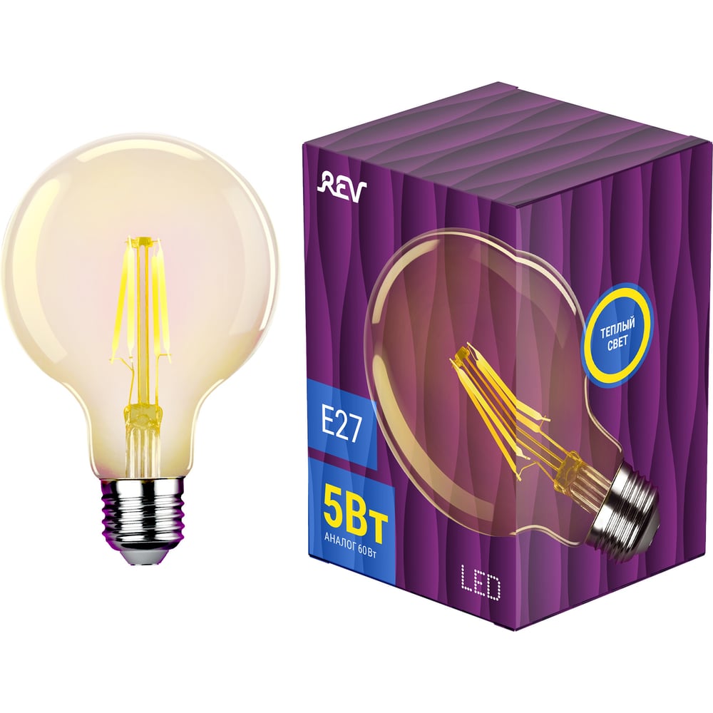 Светодиодная лампа REV VINTAGE Filament шар G95, E27, 5Вт, 2700K, DECO ...