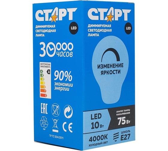 Светодиодная диммируемая лампа СТАРТ в колбе лон LEDGLSE27 10W40 Dim Rheostat