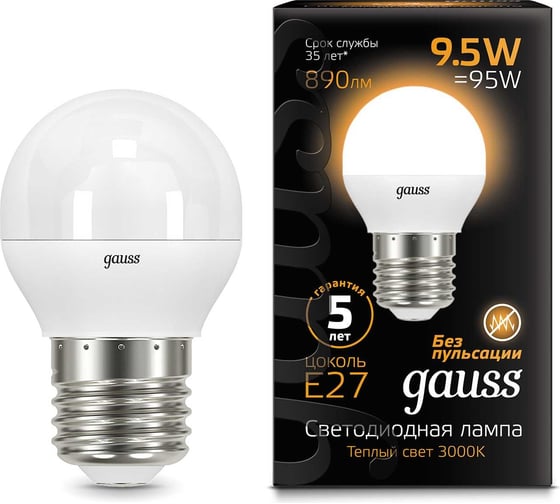 Лампа Gauss LED Шар E27 9.5W 890lm 3000K 105102110 15869248