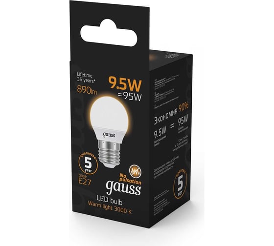 Лампа Gauss LED Шар E27 9.5W 890lm 3000K 105102110