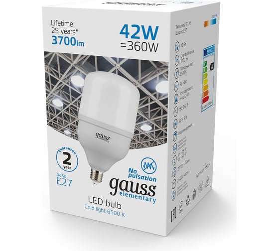Светодиодная лампа Gauss Elementary T120 42W 3700lm 6500K E27 LED 1/12 63234