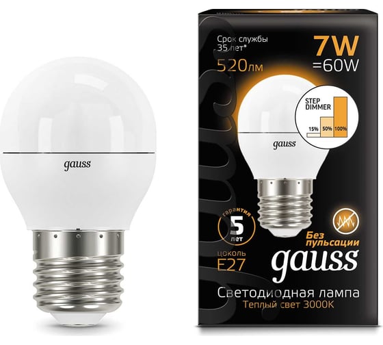 Лампа Gauss LED Шар E27 7W 520lm 3000K step dimmable 105102107-S 15869213