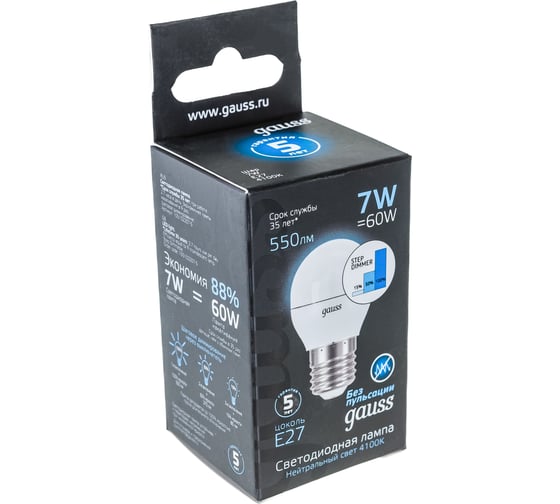 Лампа Gauss LED Шар E27 7W 550Лм 4100K step dimmable SQ 105102207-S
