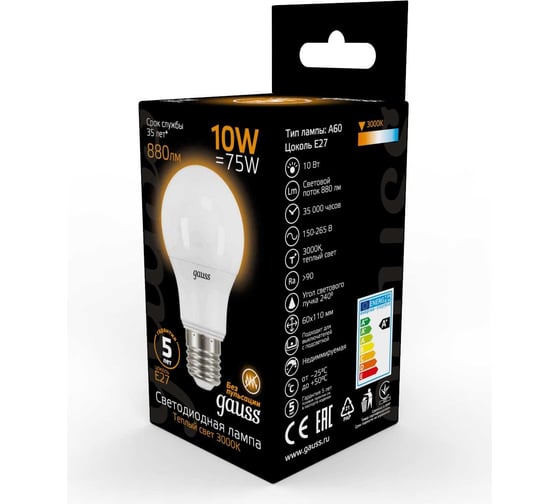 Лампа Gauss LED A60 10W E27 880lm 3000K 102502110